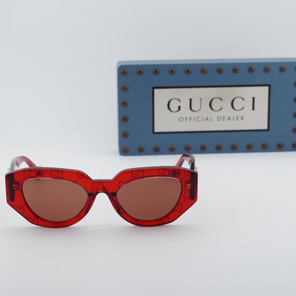 Gucci GG1421S 006 Geometric Sunglasses - Transparent Red with GG Pattern/Brown main image 7